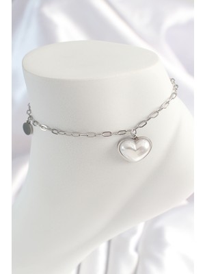 Aksiyon Global 316L Çelik Gümüş Renk Zincir Model 3D Kalp Beyaz Kalp Figür Kadın Halhal - Lisinya