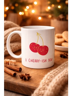 Urfakent Model 26 – I Cherry-Ish You Yazılı Sevimli Kiraz Tasarımlı Porselen Kupa - Aşk Dolu Hediye Fikri