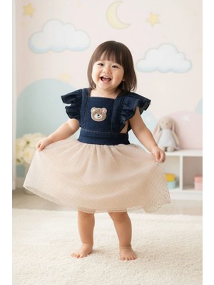 Cantoy Kolları Fırfırlı Kot Ayıcık Nakışlı Tül Elbise