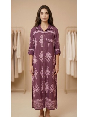 Rabiossa Kadın Otantik Desenli Maxi Gömlek Elbise