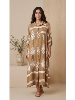 Rabiossa Kadın Otantik Desenli Maxi Gömlek Elbise