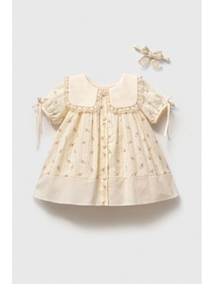 Cantoy Dantel Yakalı Çiçekli Kız Bebek Elbise ve Bandana Takımı