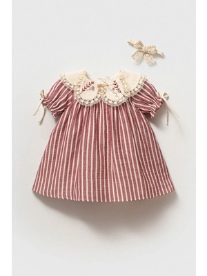 Cantoy El Nakışlı ve Kuş Figürlü Fisto Yakalı Çizgili Kız Bebek Elbise ve Saç Bandı Seti