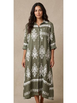 Rabiossa Kadın Otantik Desenli Maxi Gömlek Elbise