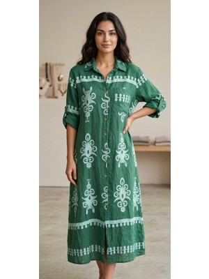 Rabiossa Kadın Otantik Desenli Maxi Gömlek Elbise