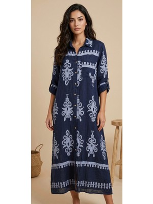 Rabiossa Kadın Otantik Desenli Maxi Gömlek Elbise