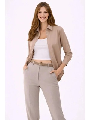 Modatıkla Uzun Kollu Gömlek Düğmeli Klasik Yaka Günlük ve Ofis Şıklığına Uygun - Bej