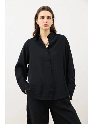 Antioch Siyah Dökümlü Oversize Kadın Gömlek