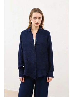 Antioch Lacivert Dökümlü Müslin Kadın Gömlek