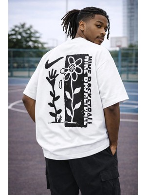 Camblys Unisex Çicek Eksitme Sırt Baskılı Oversize Kalın Kumaş Bol Kesim Pamuklu T-Shirt