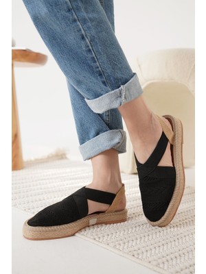 Alfaze Siyah Tekstil Kilim Desenli El Yapımı Jüt Sargı Taban Espadril Ayakkabı Topuk Boyu 2,5 cm