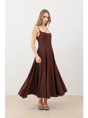 Antioch Kahve Volümlü Kadın Midi Elbise