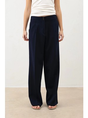 Antioch Lacivert Pens Detaylı Geniş Paça Kadın Pantolon