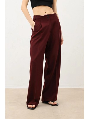 Antioch Bordo Pens Detaylı Geniş Paça Kadın Pantolon