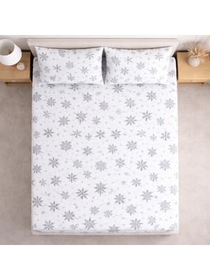 Vionetta Pamuklu Kar Tanesi Beyaz Gri Yastık Kılıflı Lastikli Çarşaf Seti