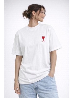 Camblys Unisex Ami Paris Klasik Küçük Kalp Ön Baskılı Oversize Kalın Kumaş Bol Kesim Pamuklu T-Shirt