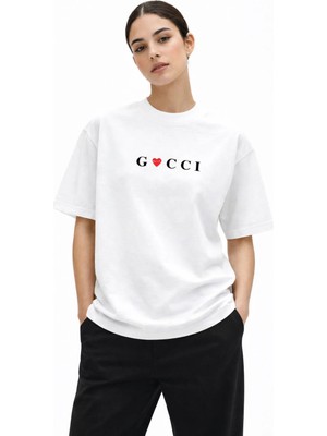 Camblys Unisex Gucii Comme Des Garçons Logo Yazılı Ön Baskılı Oversize Kalın Kumaş Bol Kesim Pamuklu T-Shirt