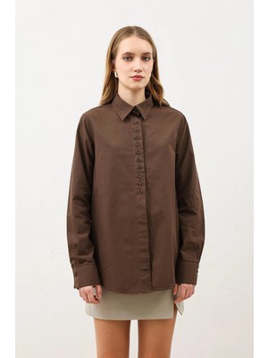 Antioch Kahve Düğme Detaylı Poplin Gömlek
