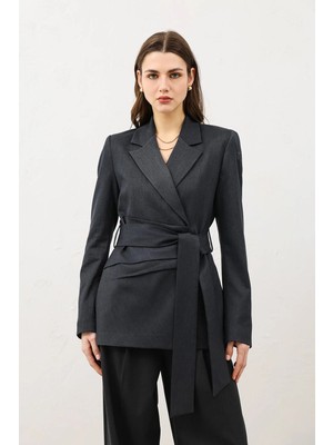 Antioch Füme Vücuda Oturan Kuşaklı Kadın Blazer Ceket