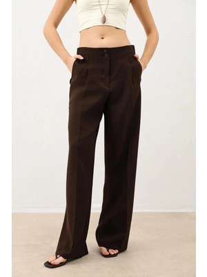 Antioch Koyu Kahve Pens Detaylı Geniş Paça Kadın Pantolon