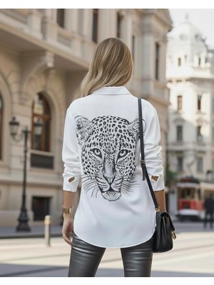 Modatıkla Kadın Leopar Baskılı Taş Işlemeli Jessica Kumaş Gömlek