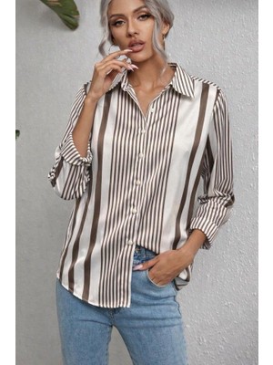 Modatıkla Kadın Uzun Kollu Çizgi Desen Saten Gömlek