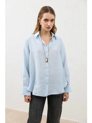 Antioch Bebe Mavi Dökümlü Oversize Kadın Gömlek