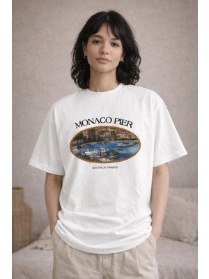 Camblys Unisex Monaco Pier Ön Baskılı Oversize Kalın Kumaş Bol Kesim Pamuklu T-Shirt