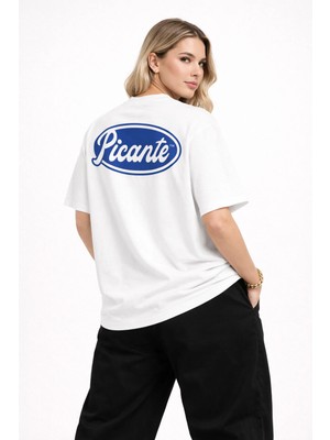 Camblys Unisex Picante Mavi Logo Ön ve Sırt Baskılı Oversize Kalın Kumaş Bol Kesim Pamuklu T-Shirt