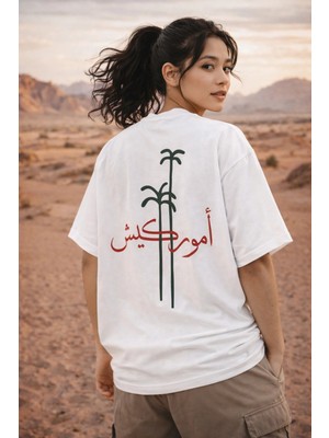 Camblys Unisex Palmiye Arabic Yazılı Sırt Baskılı Oversize Kalın Kumaş Bol Kesim Pamuklu T-Shirt
