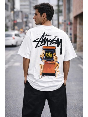 Camblys Unisex Stussy Game Girl Sırt Baskılı Oversize Kalın Kumaş Bol Kalıp Unisex T-Shirt