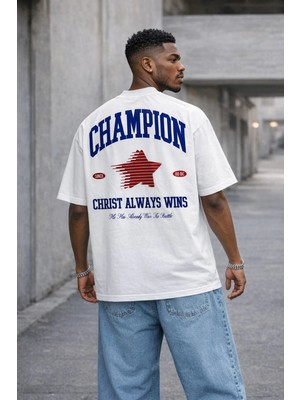 Camblys Unisex Champion Mavi Sırt Baskılı Oversize Kalın Kumaş Bol Kesim Pamuklu T-Shirt