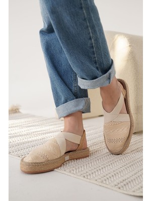 Alfaze Bej Tekstil Kilim Desenli El Yapımı Jüt Sargı Taban Espadril Ayakkabı Topuk Boyu 2,5 cm