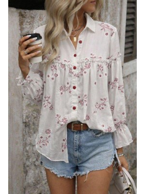 Modatıkla Kadın Nakış Işlemeli Kolu Volanlı Gömlek