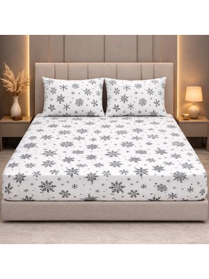 Vionetta Pamuklu Kar Tanesi Beyaz Gri Yastık Kılıflı Lastikli Çarşaf Seti