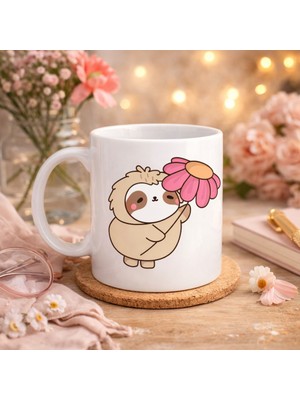 Çiçek Tutan Tembel Hayvan Tasarımlı Porselen Kupa Model 107 – Sevimli Kahve Kupası , Hediye & Dekoratif Kupa