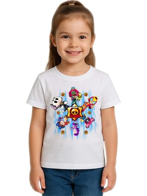 Sedirli Unisex Brawl Stars Baskılı Çocuk Tişört Pamuklu Penye Kumaş