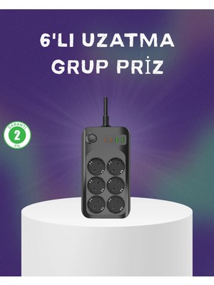 6 Prizli Çoklu Uzatma Kablosu USB Type-C Hızlı Şarj Termal Koruma