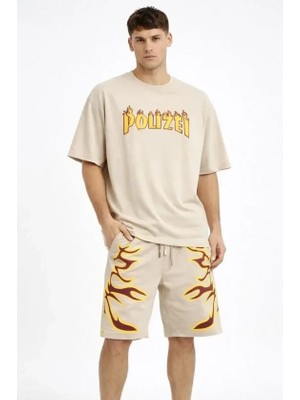 Uslucan Alışveriş Erkek Bej Oversize Baskılı Tişört Şort Takım Cepli Şort Yazlık Rahat Günlük Kombin - Bej