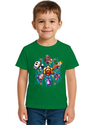 Sedirli Unisex Brawl Stars Baskılı Çocuk Tişört Pamuklu Penye Kumaş