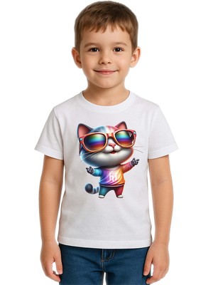 Sedirli Unisex Cat Baskılı Çocuk Tişört Pamuklu Penye Kumaş