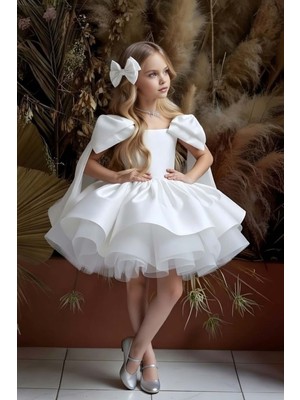 Riccotarz Kız Çocuk Omuzları Fiyonk Detaylı Kayık Yaka Içi Astarlı Eteği Kabarık Beyaz Abiye