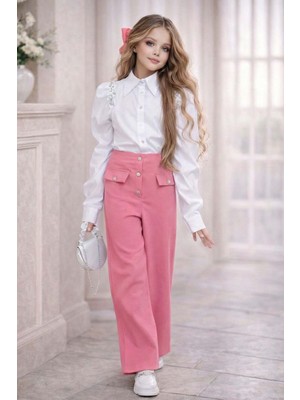 Riccotarz Kız Çocuk Omuzlar Taş Işleme Karpuz Kol Gömlek Düğme ve Cep Detaylı Pantolon Pembe Alt Üst Takım