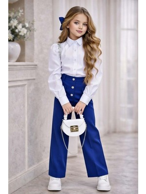 Riccotarz Kız Çocuk Omuzlar Taş Işleme Karpuz Kol Gömlek Düğme ve Cep Detaylı Pantolon Lacivert Alt Üst Takım