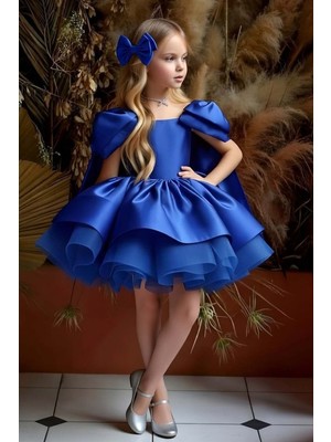 Riccotarz Kız Çocuk Omuzları Fiyonk Detaylı Kayık Yaka Içi Astarlı Eteği Kabarık Saks Mavi Abiye