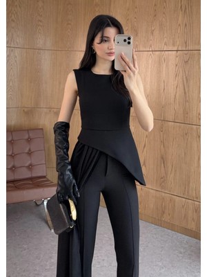 Qimya Butik Miss Neşem Kadın Bir Yanı Şifon Parçalı Kolsuz Şık Tunik