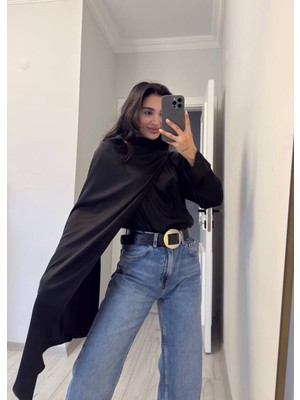 Qimya Butik Miss Neşem Kadın Önü Sabit Geniş Şal Parçalı Uzun Kol Dik Yaka Saten Bluz