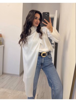 Qimya Butik Miss Neşem Kadın Önü Sabit Geniş Şal Parçalı Uzun Kol Dik Yaka Saten Bluz