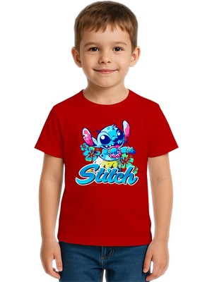 Sedirli Unisex Stich Baskılı Çocuk Tişört Pamuklu Penye Kumaş