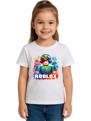 Sedirli Unisex Roblox Baskılı Çocuk Tişört Pamuklu Penye Kumaş